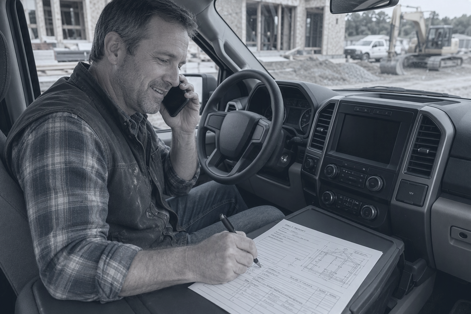Male contractor working on center console worksurface in his vehicle while talking on phone